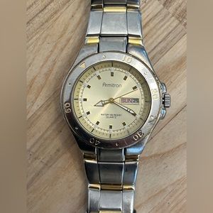 Armitron Men’s Watch Vintage Two Tone Bracelet Yellow Dial Day Date Windows
